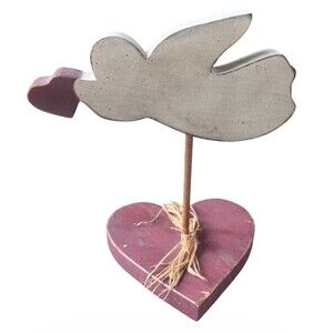 VTG 1995  Wooden Angel Dove Heart Figurine Primitive Folk Art Rustic  Handcrafte